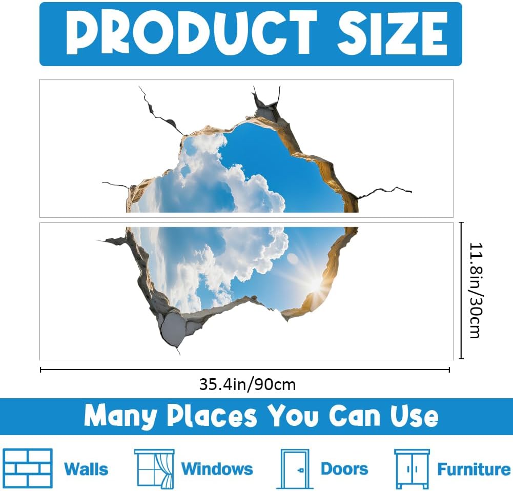 3D Broken Wall Sticker Clouds Peel and Stick Wall Decal Funny Ceiling Decal / Sky / Set of 2