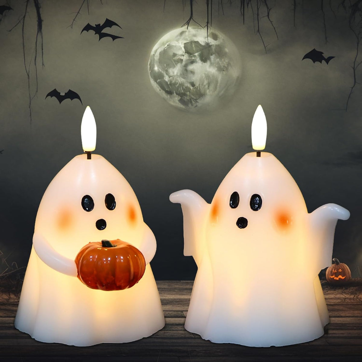 Halloween Ghost Flameless Candles with Timer Hand-Painted Pumpkin