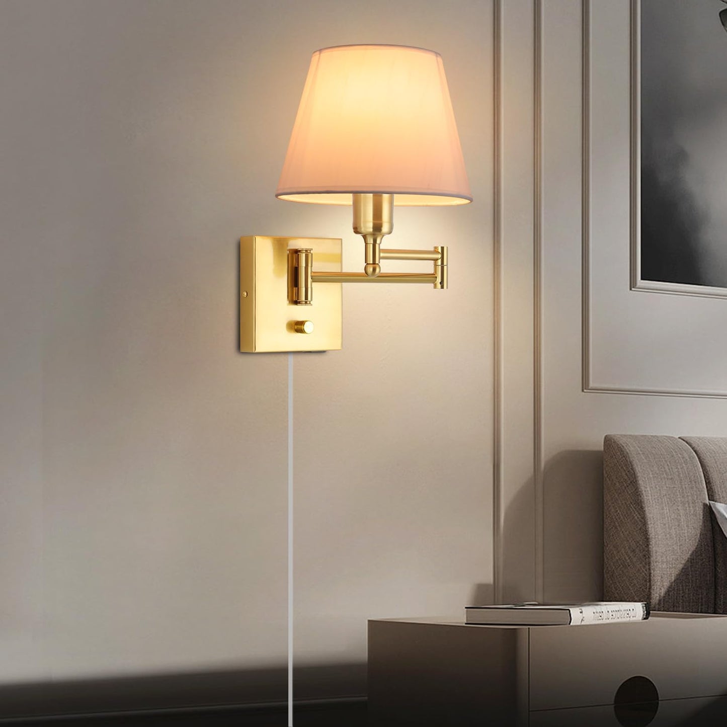 Bedside Wall Mount Light with Dimmable Switch, Swing Arm Fabric Shade Wall Sconce Light with USB Port and Plug in Cord
