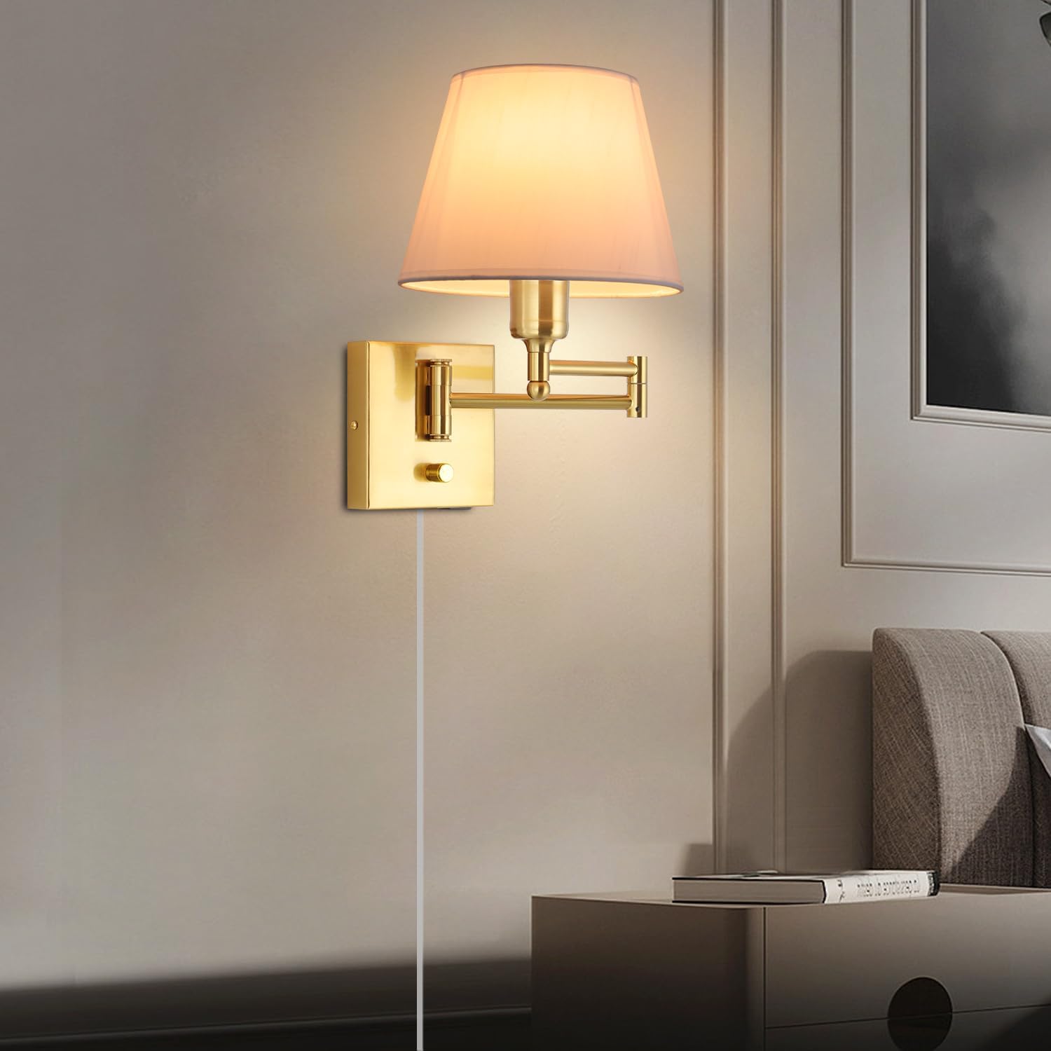 Bedside Wall Mount Light with Dimmable Switch, Swing Arm Fabric Shade Wall Sconce Light with USB Port and Plug in Cord