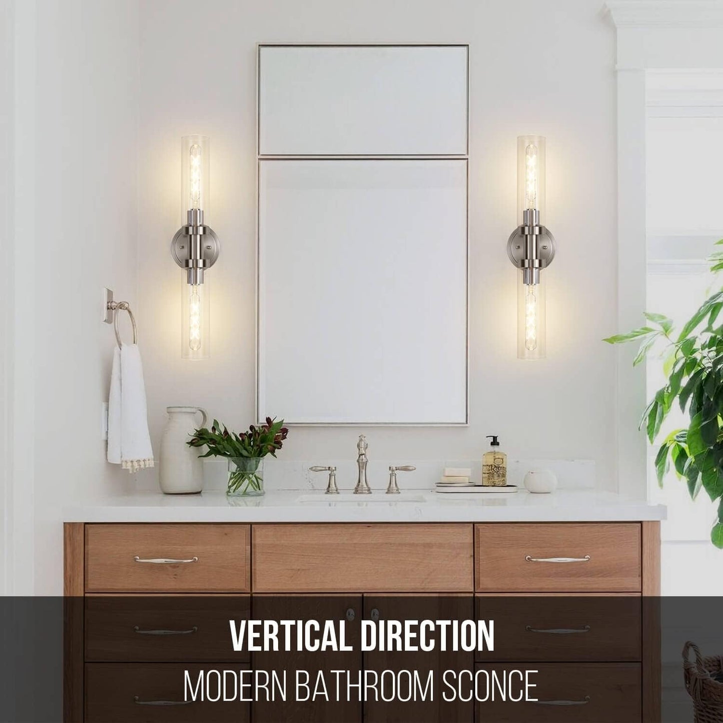 Brushed Nickel 2-Light Bathroom Vanity Light Fixture, Modern Bathroom Sconces Wall Lighting W/Clear Glass Shade