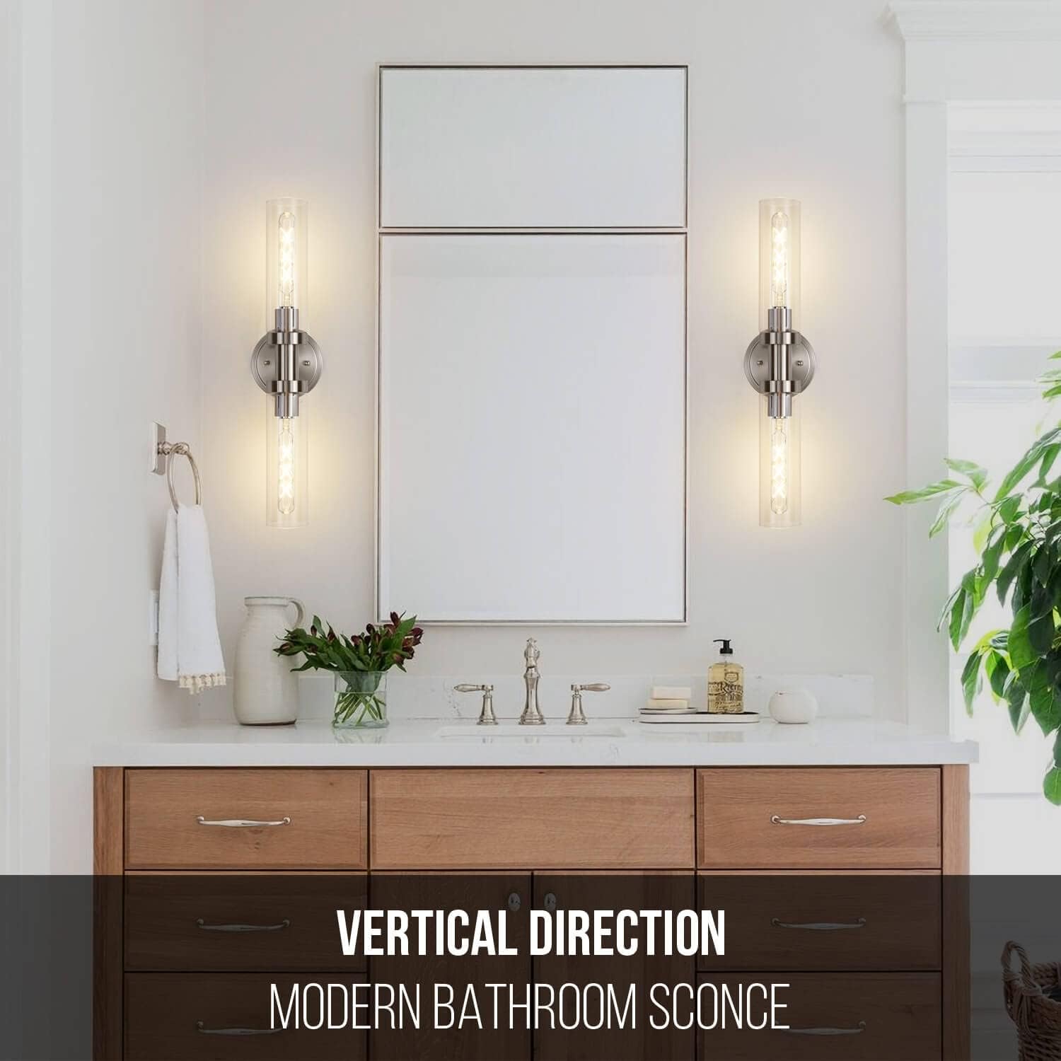 Brushed Nickel 2-Light Bathroom Vanity Light Fixture, Modern Bathroom Sconces Wall Lighting W/Clear Glass Shade