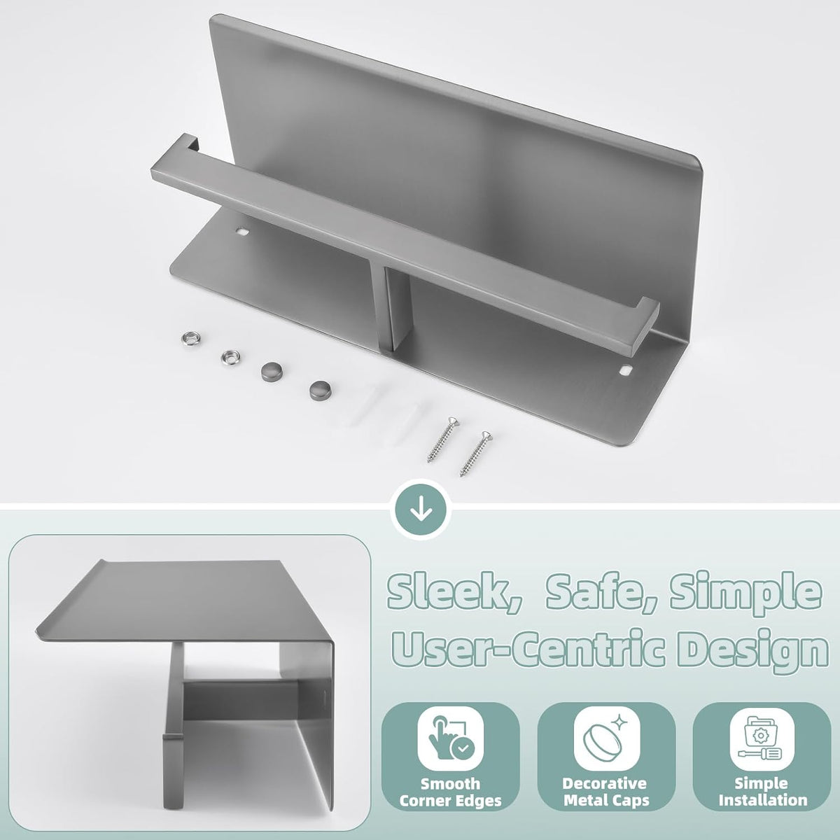 APLusee Double Toilet Paper Holder with Storage Phone Shelf, Gunmetal Gray | 304 Stainless Steel for Bathroom
