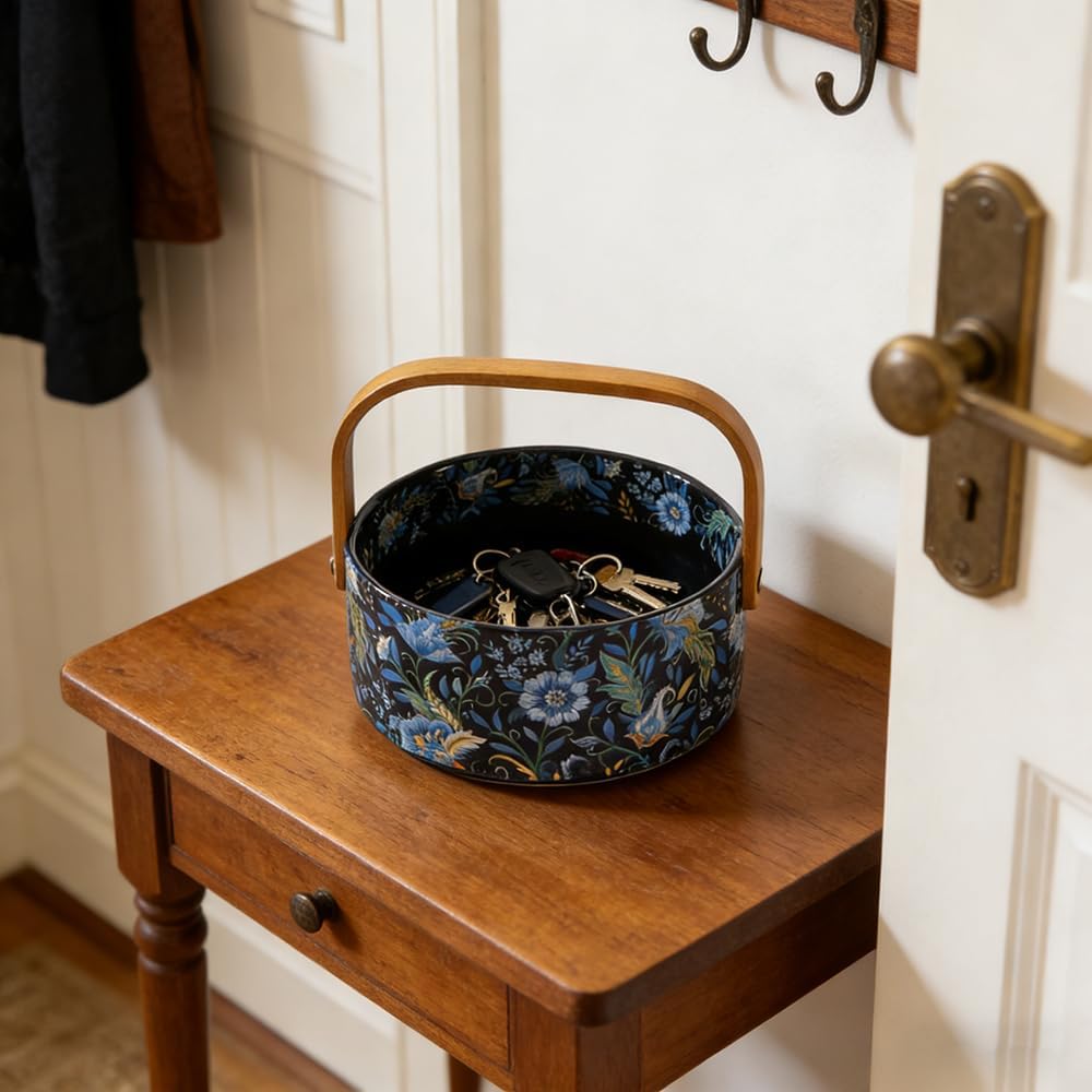 Wooden Handle Decorative Bowl Flower Basket Kitchen & Dining Table Office Room Decor / Black