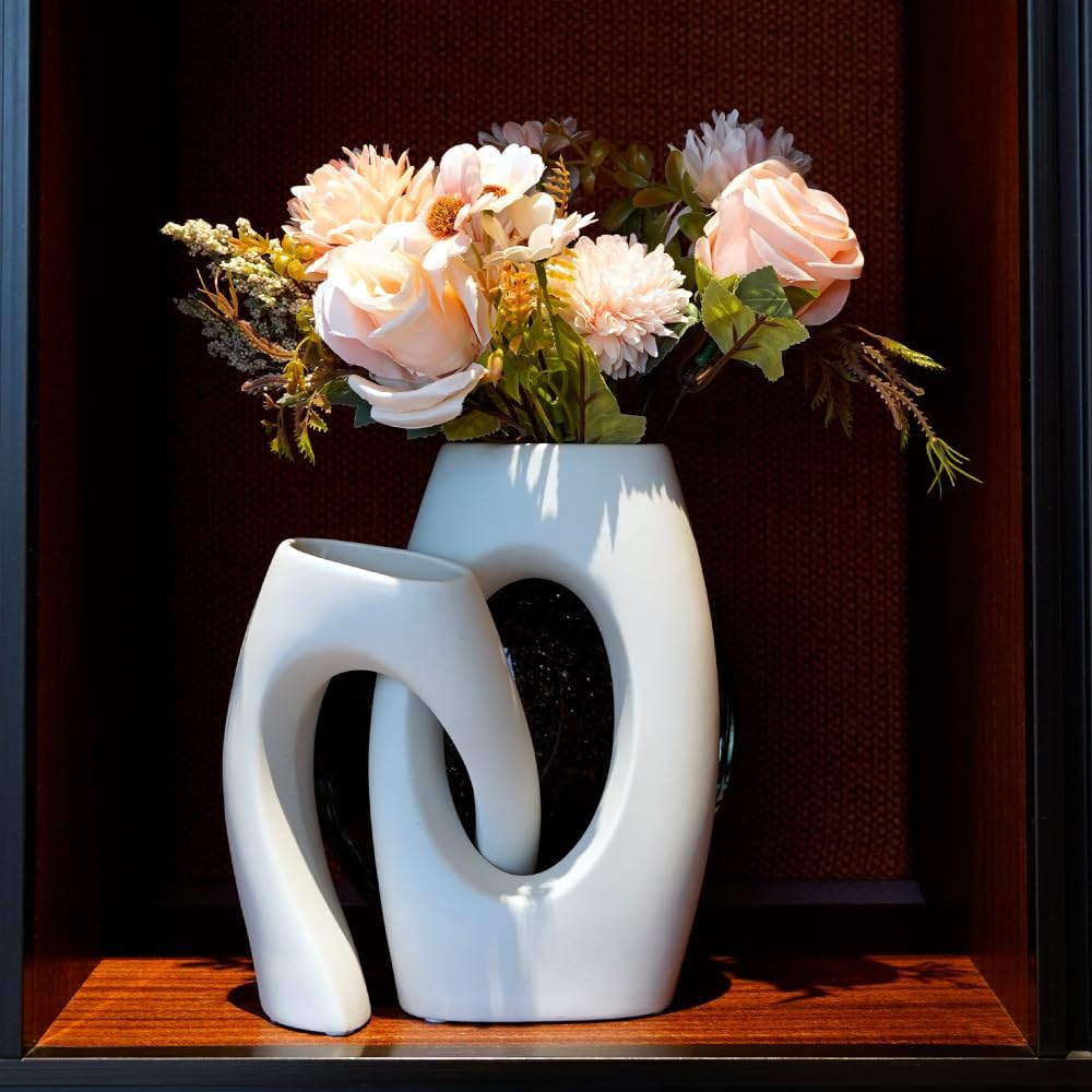 White Ceramic Vase / Champagne-colored Flowers and White Vase / Set of 2