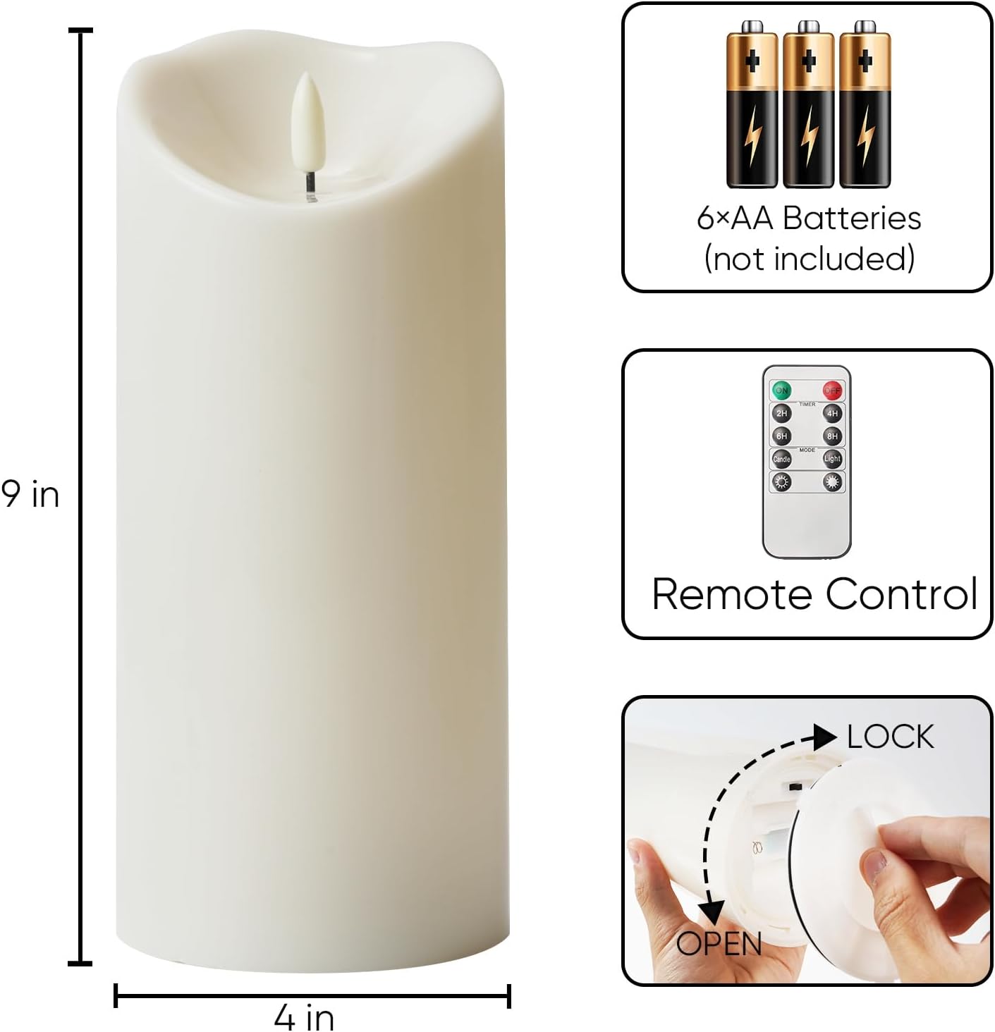 Homemory 4"x9" Outdoor Waterproof Flameless Candles with Timers and Remote Control, Battery Operated Candles, LED