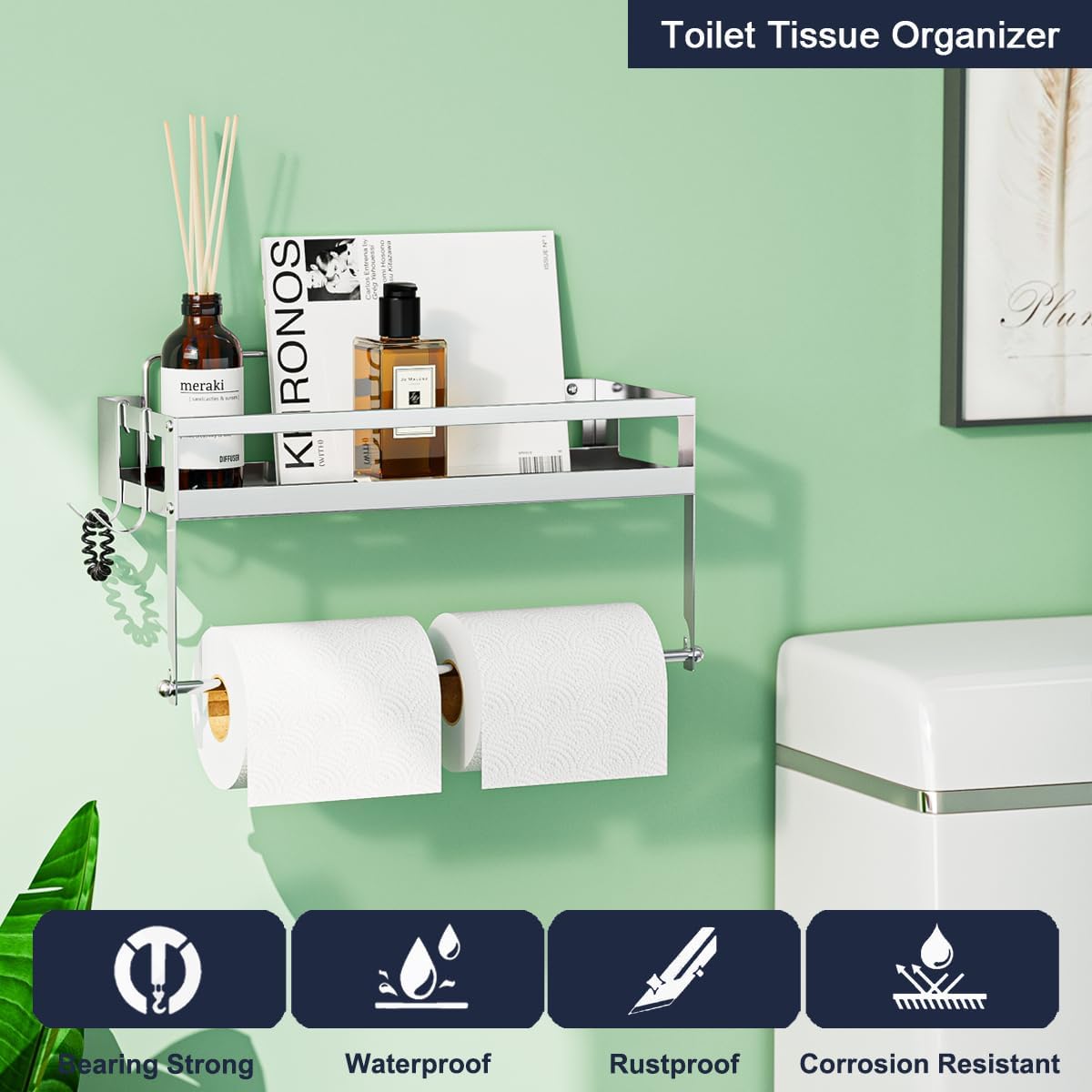 Paper Towel Holder with Shelf, Adhesive Wall Mount, Brushed Nickel | SUS304 brushed finish, 2in1 design Adhesive or