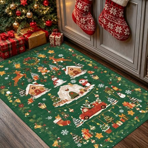 Christmas 2x3 Entryway Area Rug - Non Slip Washable Winter Green Doormat Indoor Soft Low Pile Decorative Floor Mat for