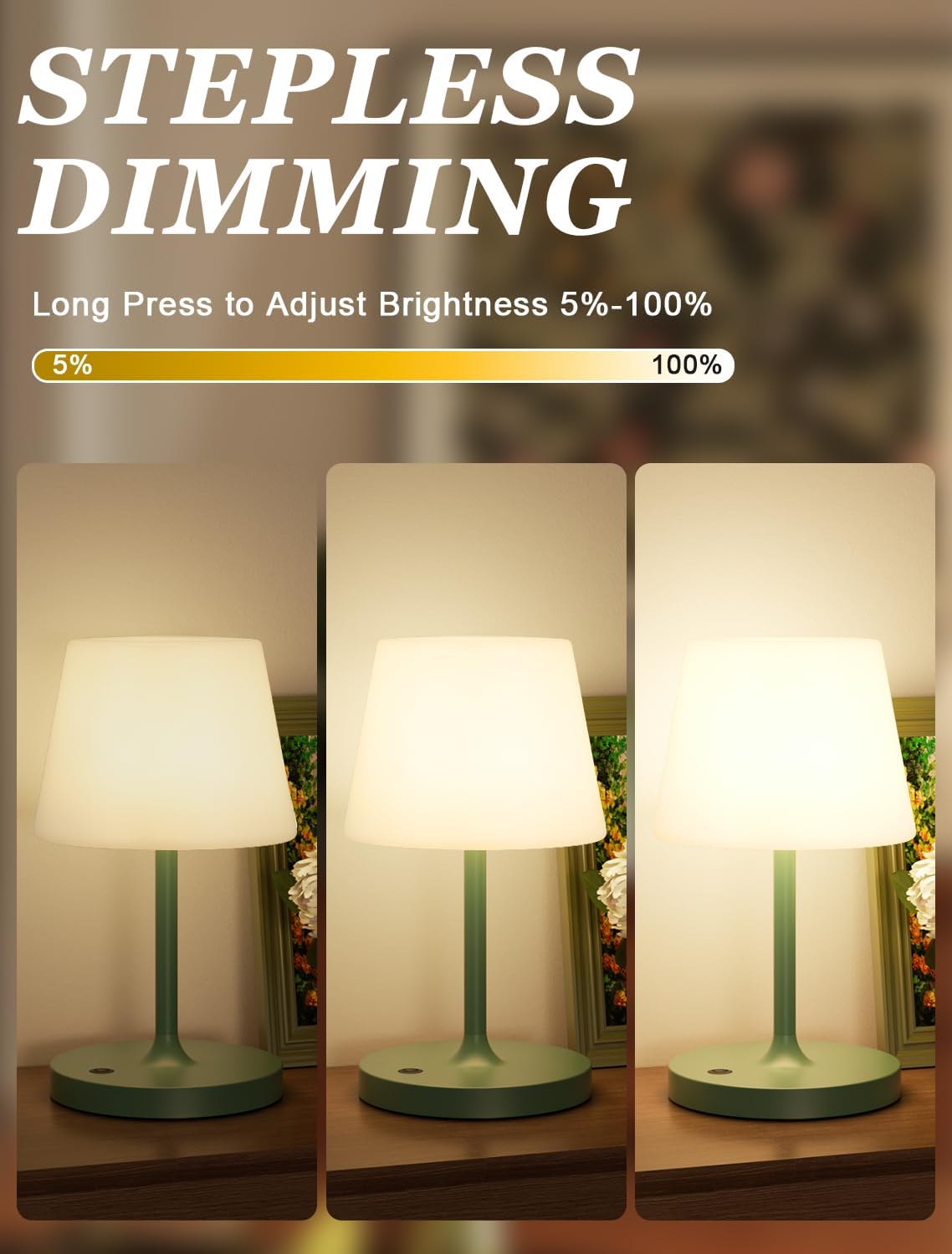 Kakanuo Green Cordless Shower Lamp Waterproof, Rechargeable Cordless Lamp with 4000mAh Battery, Touch Dimmable Table