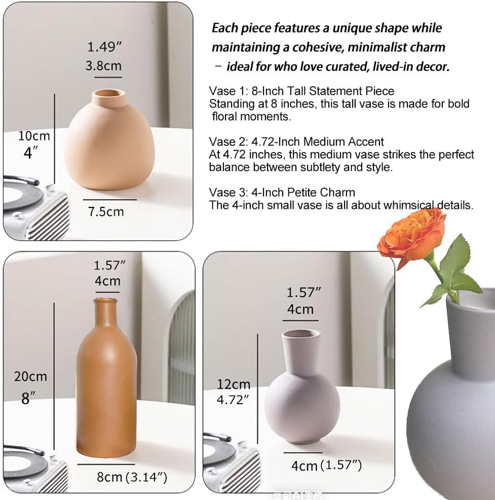 Ceramic Vase / Boho Aesthetic Flower Vases / Brown Mix / Set of 3