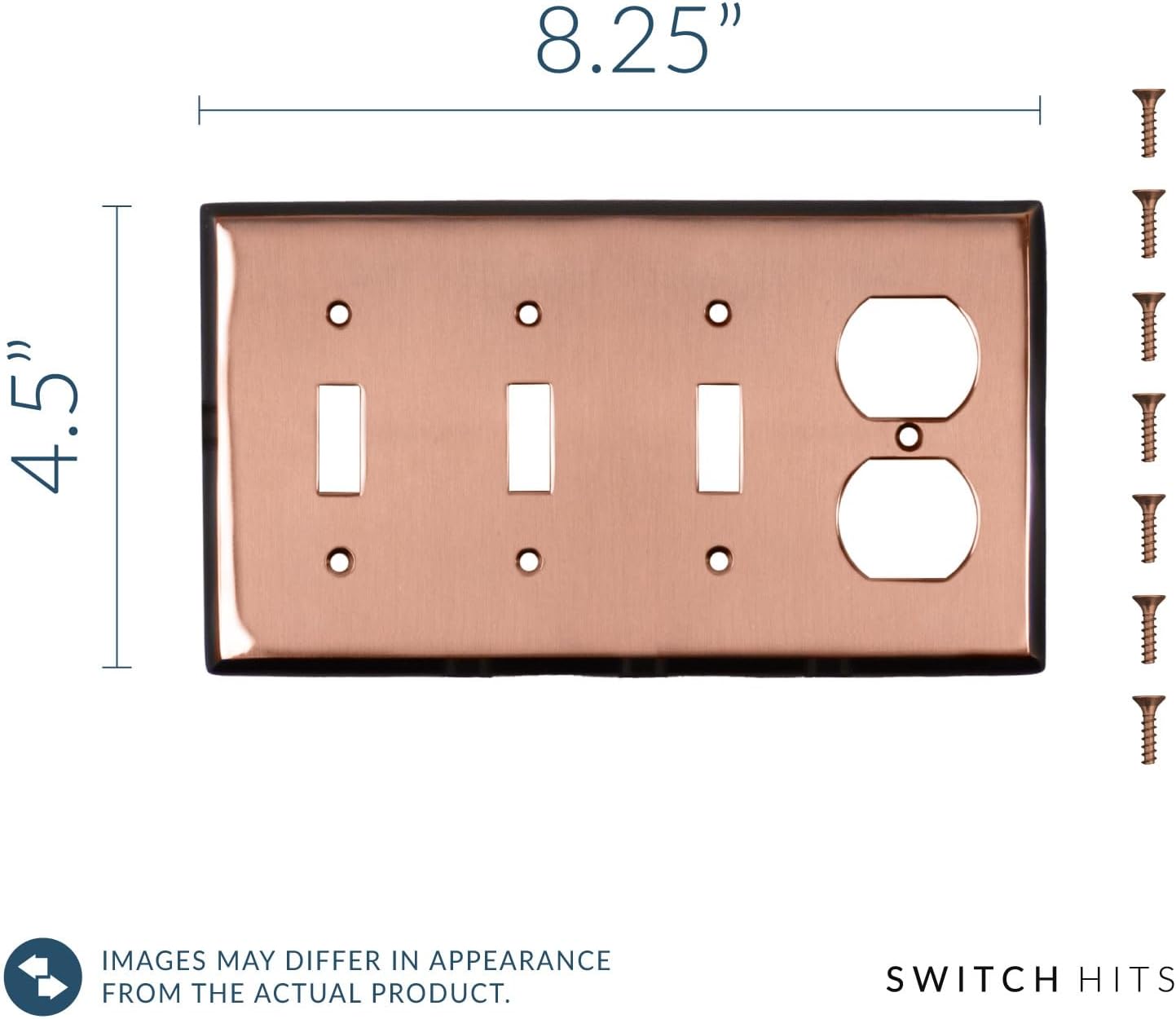 Pink Antique Copper Outlet Wall Plate | 3 Toggle - 1 Duplex | 8.25" x 4.5" | Hand-Polished Brass Construction