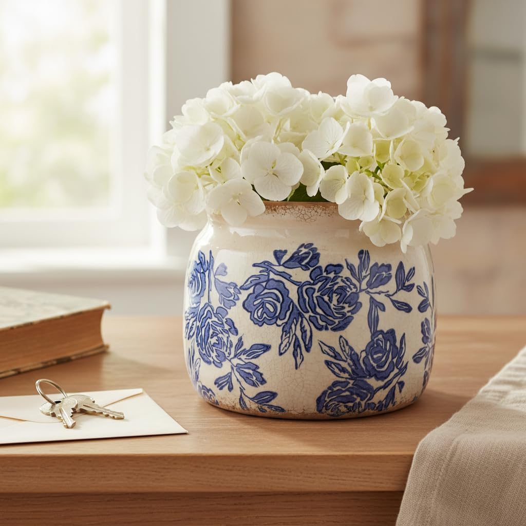 Rustic Farmhouse Planter / Blue & White Chinoiserie Floral / 6.29 Inch