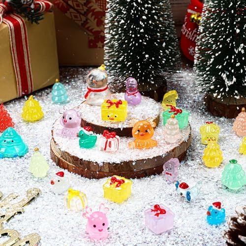 JUNEBRUSHS 50 Pcs Luminous Christmas Mini Resin Figurines