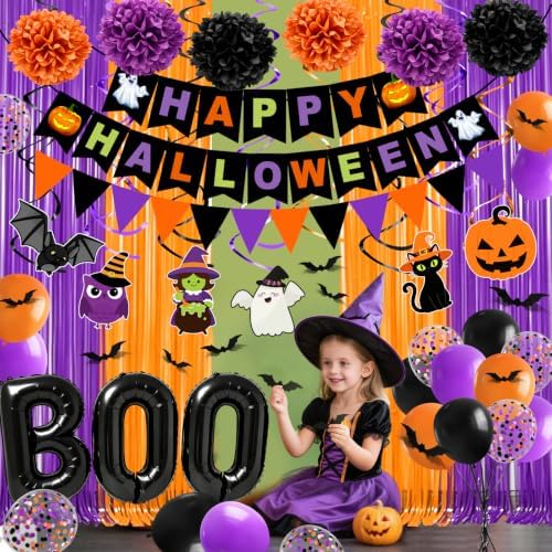 Halloween Party Decorations, 73PCs Halloween Decorations Indoor Set Including HAPPY HALLOWEEN Banner Bat Stickers Hanging Garland Swirl Streamers Fringe Curtains BOO Balloons for Classroom Home Decor
