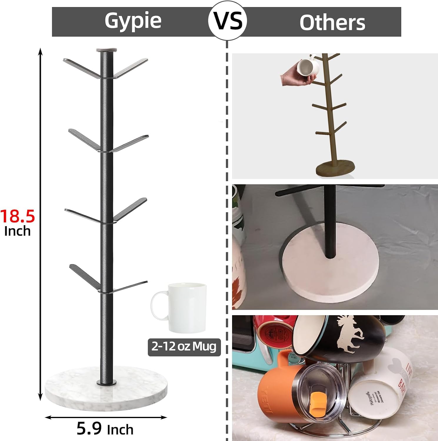 Gypie Marble Mug Holder Tree, 8 Hooks Small Coffee Cups Stand, Black | Mug Holder Stand, Small Mug Rack for Kitchen