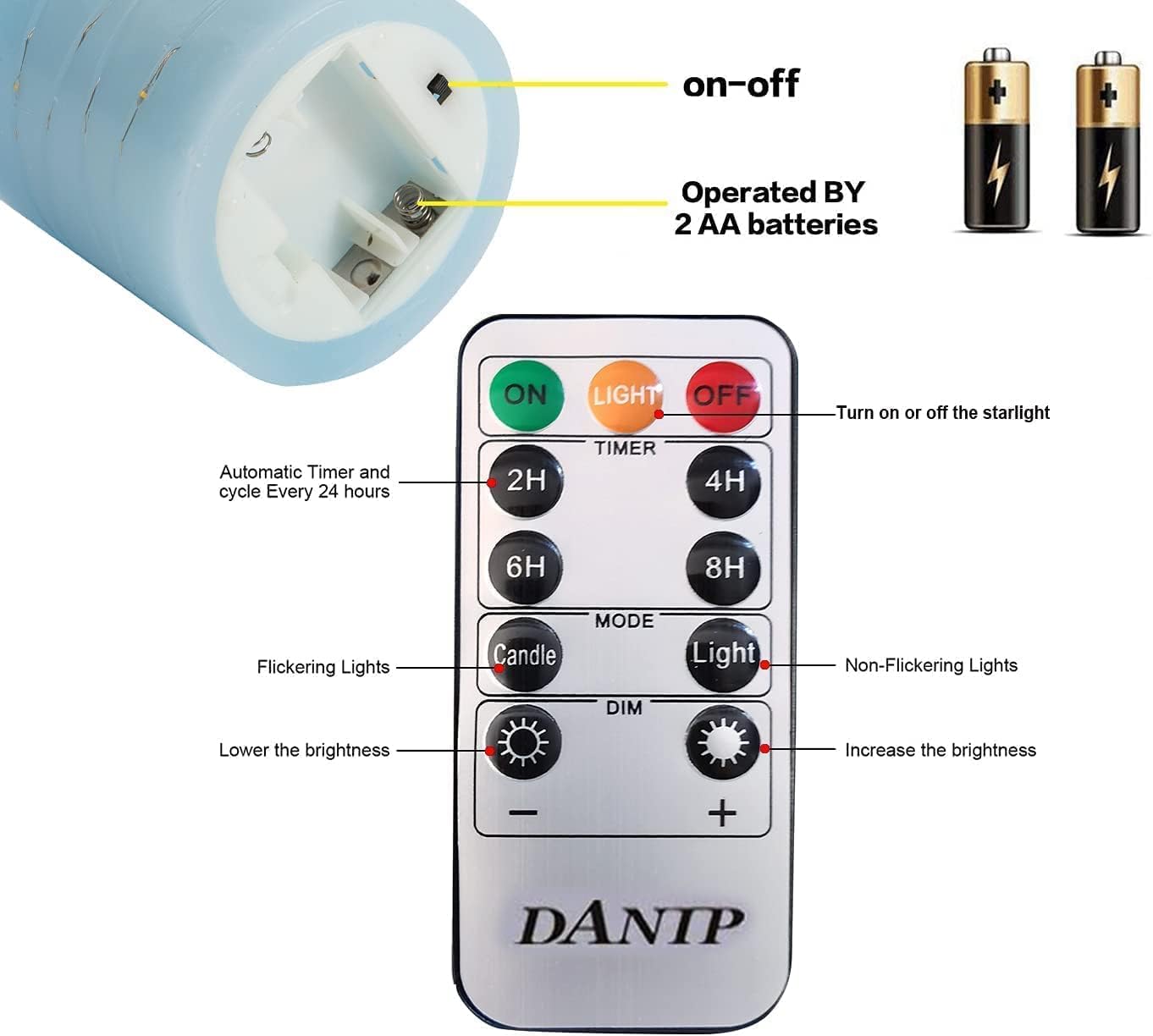 danip Sky Blue LED Flameless Candle, with Embedded Star String, 3-Piece Set of LED Candles, with 11 Button Remote