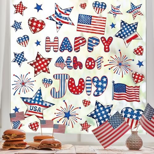 Whaline 9 Sheets Happy 4th of July Window Cling Stickers Patriotic Star American Flag Window Decals Independence Day Reusable Glass Decoration for Party Home Office Classroom