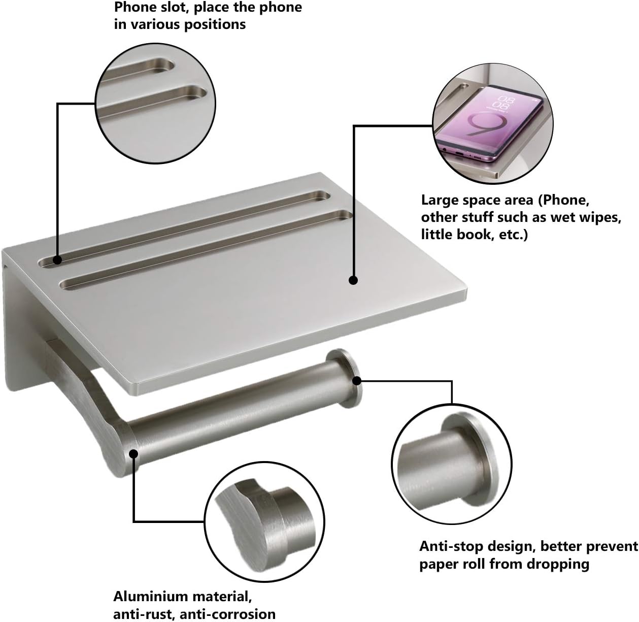Toilet Paper Holder with Shelf, Aluminum Tissue Roll Holder with Mobile Phone Storage Shelf for Modern Bathroom, 3M