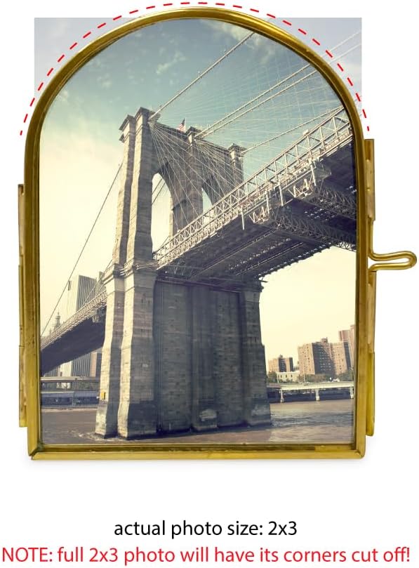 Arched Brass & Glass Metal Floating Picture Frame / 2 x 3 / Antique Gold