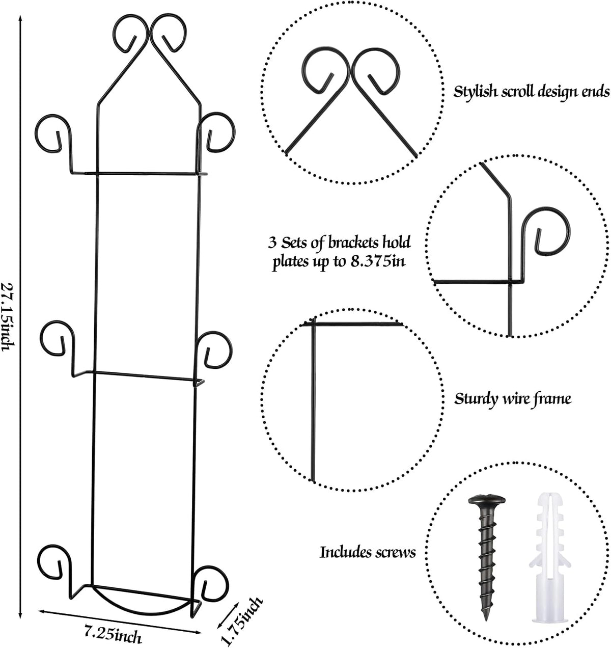 Set of 2 Plate Rack for Wall Vertical 3 Tier Metal Wall Plate Holder Display Hanger for Dishes Decorative Plates Arts