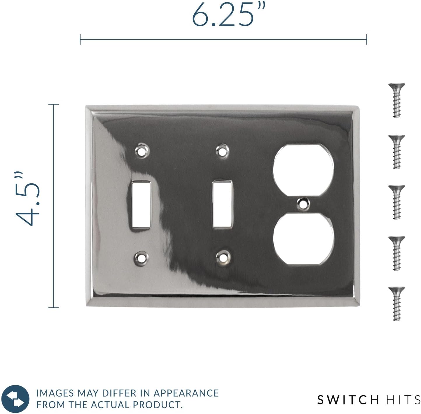 Polished Nickel Outlet Wall Plate | 2 Toggle - 1 Duplex | 6.25" x 4.5" | Hand-Polished Brass Construction | Electrical