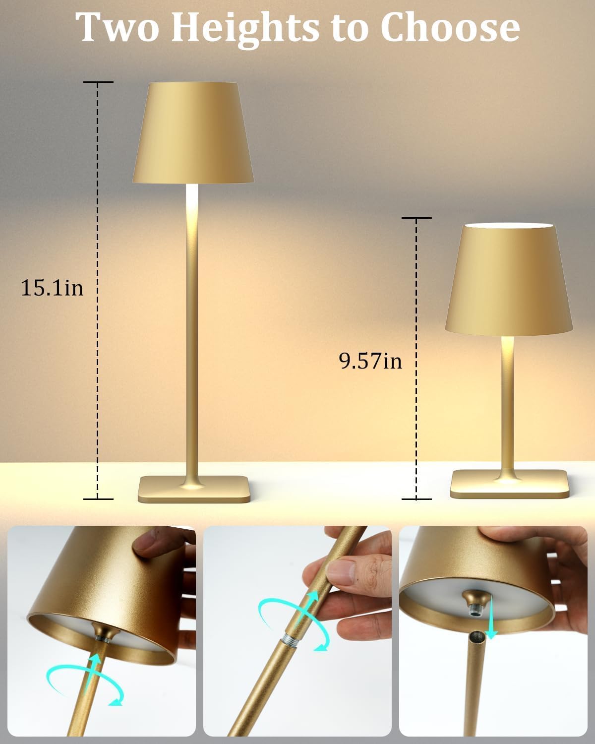 Fizrice Rechargeable Table Lamp 2 Pack Gold Cordless Battery Operated | 6000mAh touch control portable lighting with