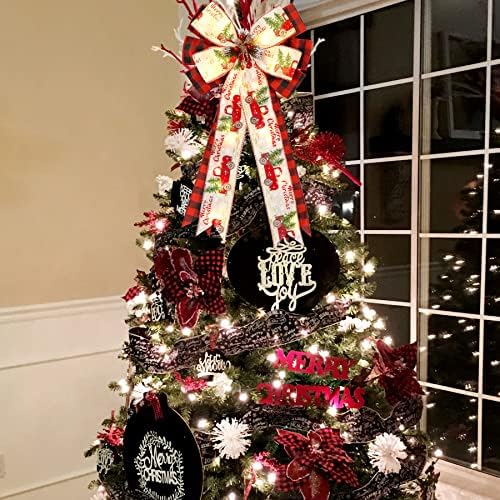 Christmas Tree Topper Bow with 30 LED Lights Decorations, 13”x25” Xmas Large Red Black Buffalo Plaid Rustic Farmhouse Wreath Bows with Truck Berries Pine Cones Pine Needles for Front Door Outdoor