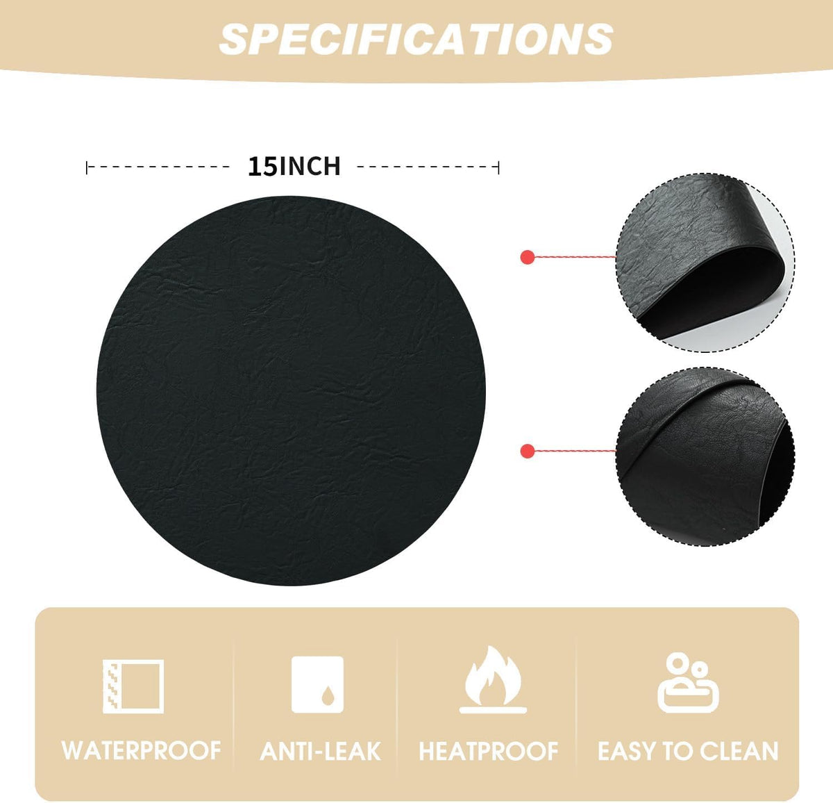 Artoid Mode Black Faux Leather Placemats Set of 8, 15 Inch Waterproof Wipeable Heat Resistant Vinyl Halloween Place