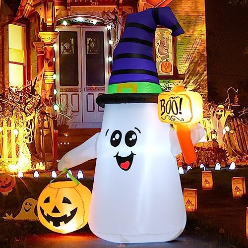 GOOSH 5 FT Halloween Inflatables Ghost Outdoor Decorations Blow Up Yard Cute Wizard Ghost with Pumpkin with Built-in LEDs for Garden Lawn Indoor Party Holiday Decor