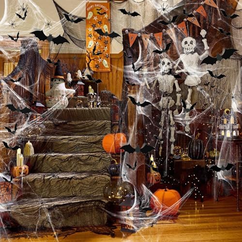 Famoby 1200 sqft Halloween Spider Webs and 120pcs Fake Bats and 50pcs Fake Spiders Super Stretch Cobwebs Party Decorate for Halloween Theme Indoor and Outdoor Decoration