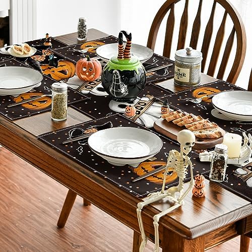 Artoid Mode Polka Dot Ghost Pumpkin Cat Boo Halloween Placemats Set of 6, 12x18 Inch Seasonal Fall Table Mats for Party Kitchen Dining Decoration