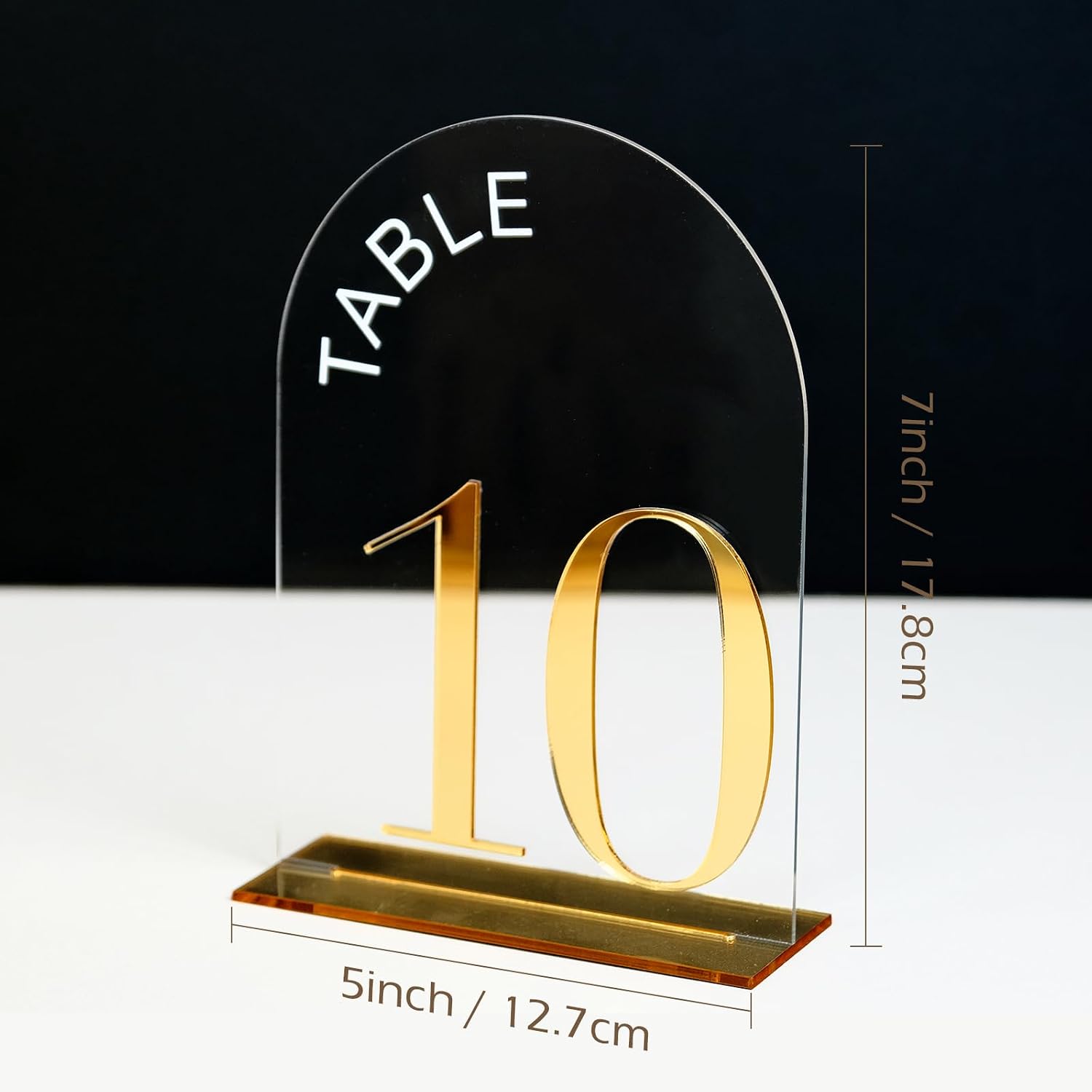 Clear Arch Wedding Table Numbers 1-20, Gold Numbers and Stands | 20 Pack 5x7 Inch Clear Arch Acrylic Sign with Raised