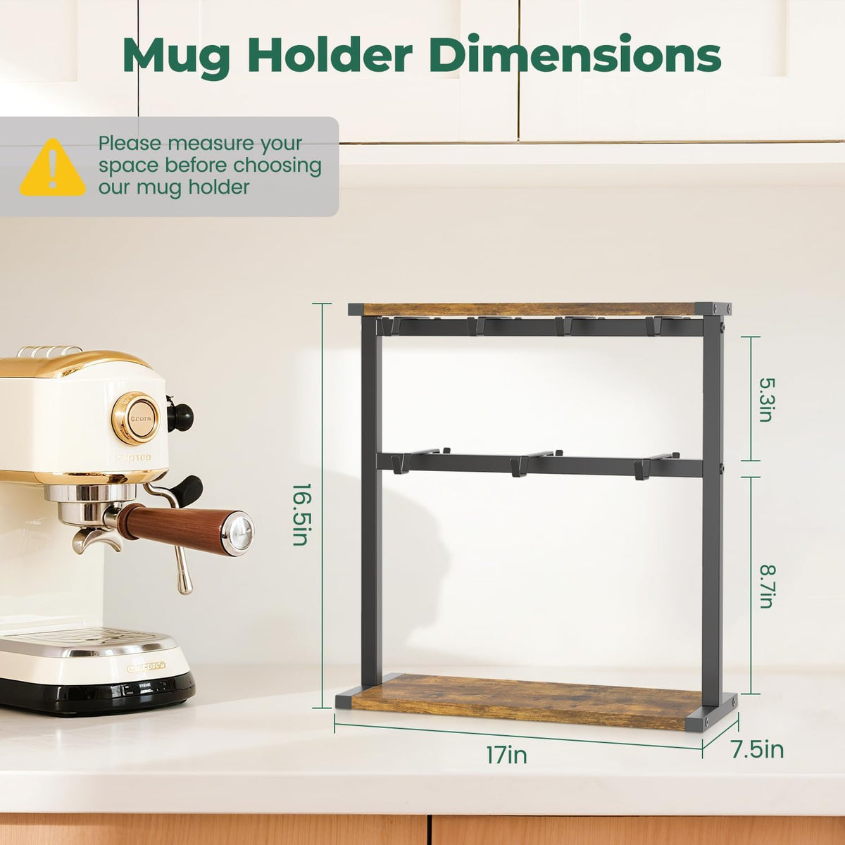 EsLuker.ly Coffee Mug Holder Cup Tree Rack for Coffee Bar Countertop | 2 Tier Wood Station Organizer Narrow Display