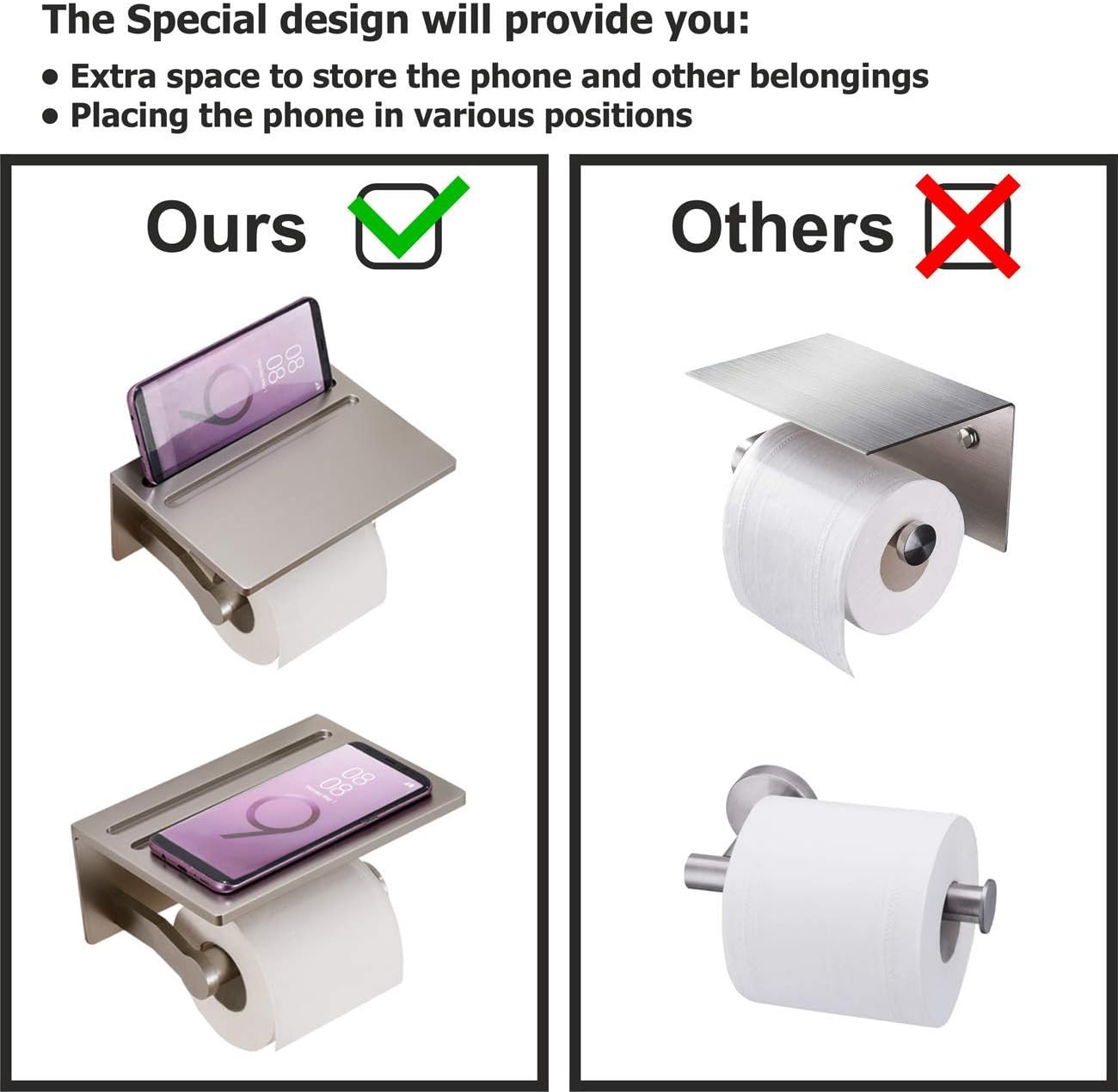 Toilet Paper Holder with Shelf, Aluminum Tissue Roll Holder with Mobile Phone Storage Shelf for Modern Bathroom, 3M