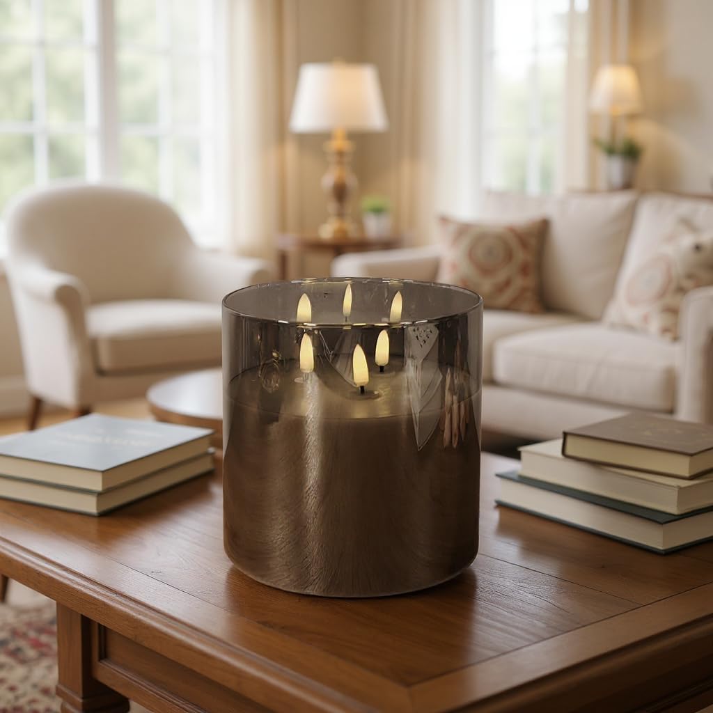 NICEME Extra Large 3 Wick Battery Operated Candle, 6"x6" Big Clear Glass Flameless Candles with Remote, Real Wax