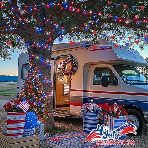 JMEXSUSS 4th of July Decorations, 33ft 100 LED Red White and Blue Lights