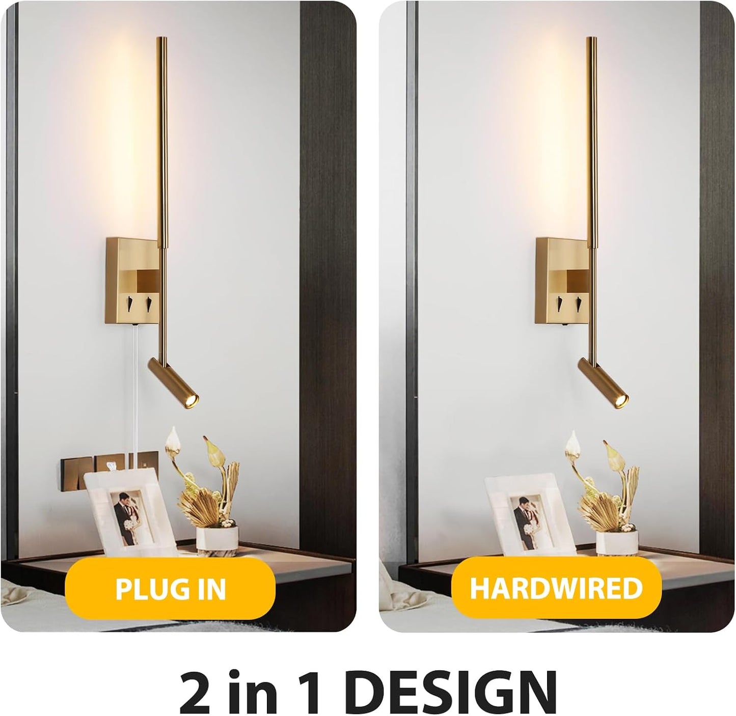 Modern Plug in Wall Sconce Indoor Ambient Lighting for Bedroom, Gold LED Wall Mounted Reading Lamp with Switch, Corded