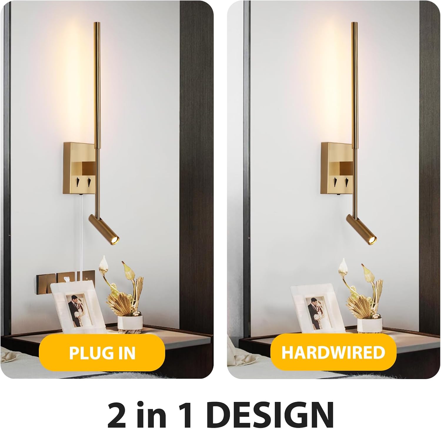 Modern Plug in Wall Sconce Indoor Ambient Lighting for Bedroom, Gold LED Wall Mounted Reading Lamp with Switch, Corded