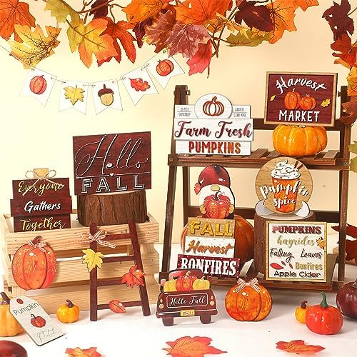 FairySandy 14 Pcs Fall Tiered Tray Decorations Set Rustic Fall Thanksgiving Pumpkin Tiered Tray Decor Farmhouse Pumpkin Truck Spice Blocks Autumn Winter Wooden Sign for Christmas Halloween