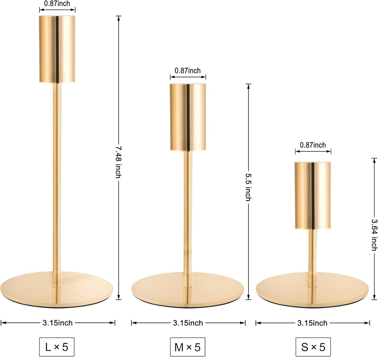 Gold Candlestick Holders Bulk, Taper Candle Holders 15Pcs, 3 Heights | Modern metal taper holders with stable bases for