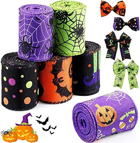 Chuangdi 6 Rolls 30 Yards Halloween Wired Ribbon, 2.5 Inch Wide
