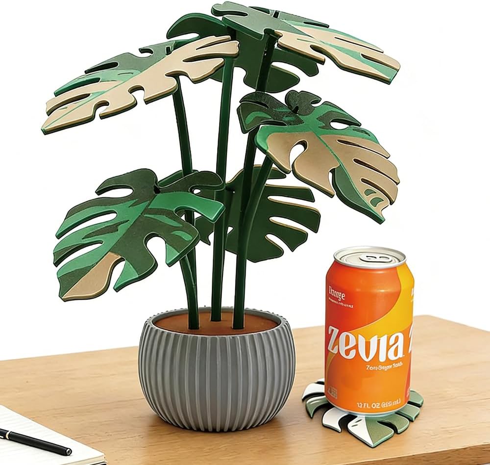Monstera Plant Coaster Set 6 Leaf Coasters Modern Plant Decor Functional Home / Multicolor Gray
