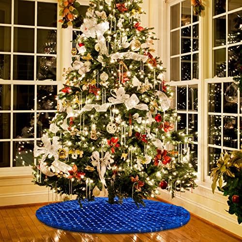 Christmas Tree Skirt Blue 36 Inch Faux Fur with Silver Sequins Soft Thick Plush Tree Skirt for Christmas Holiday Home Decoration