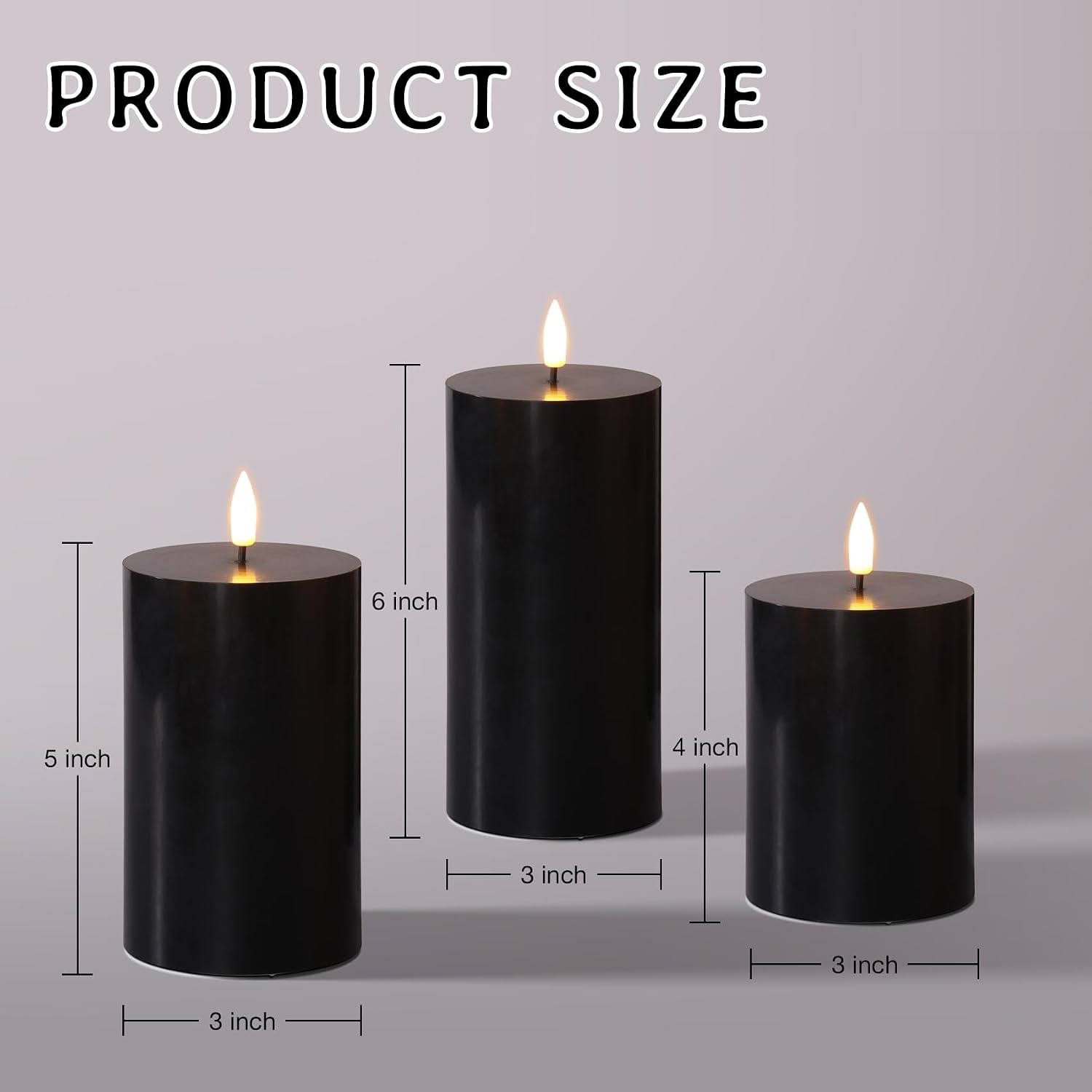 Black Halloween Flameless Pillar Candles with Remote Set of 3 | Flickering LED Candles, 2 AA Battery Power, Flat Top