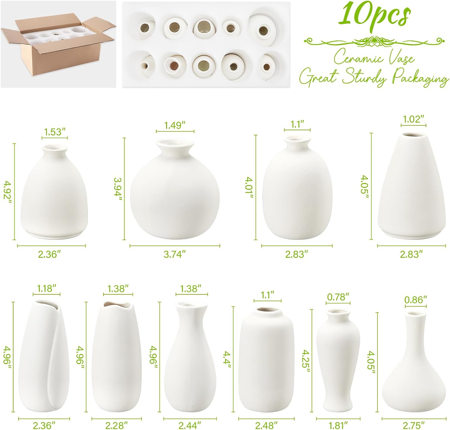 10pc Ceramic Bud Vases Set / White / 3 Inch / Set of 10