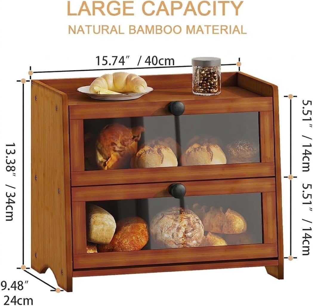 BAMBANG Bread Box for Kitchen Countertop, Extra Large Bamboo Bread Storage Container for Homemade Bread, Double Layer
