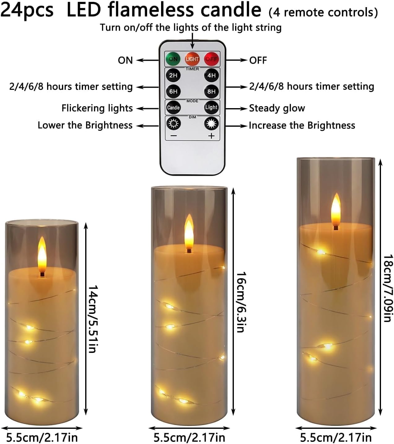 24 Pack Flameless LED Pillar Candles with Remote & Timer, Flickering Battery Operated Candles with Embedded Starry