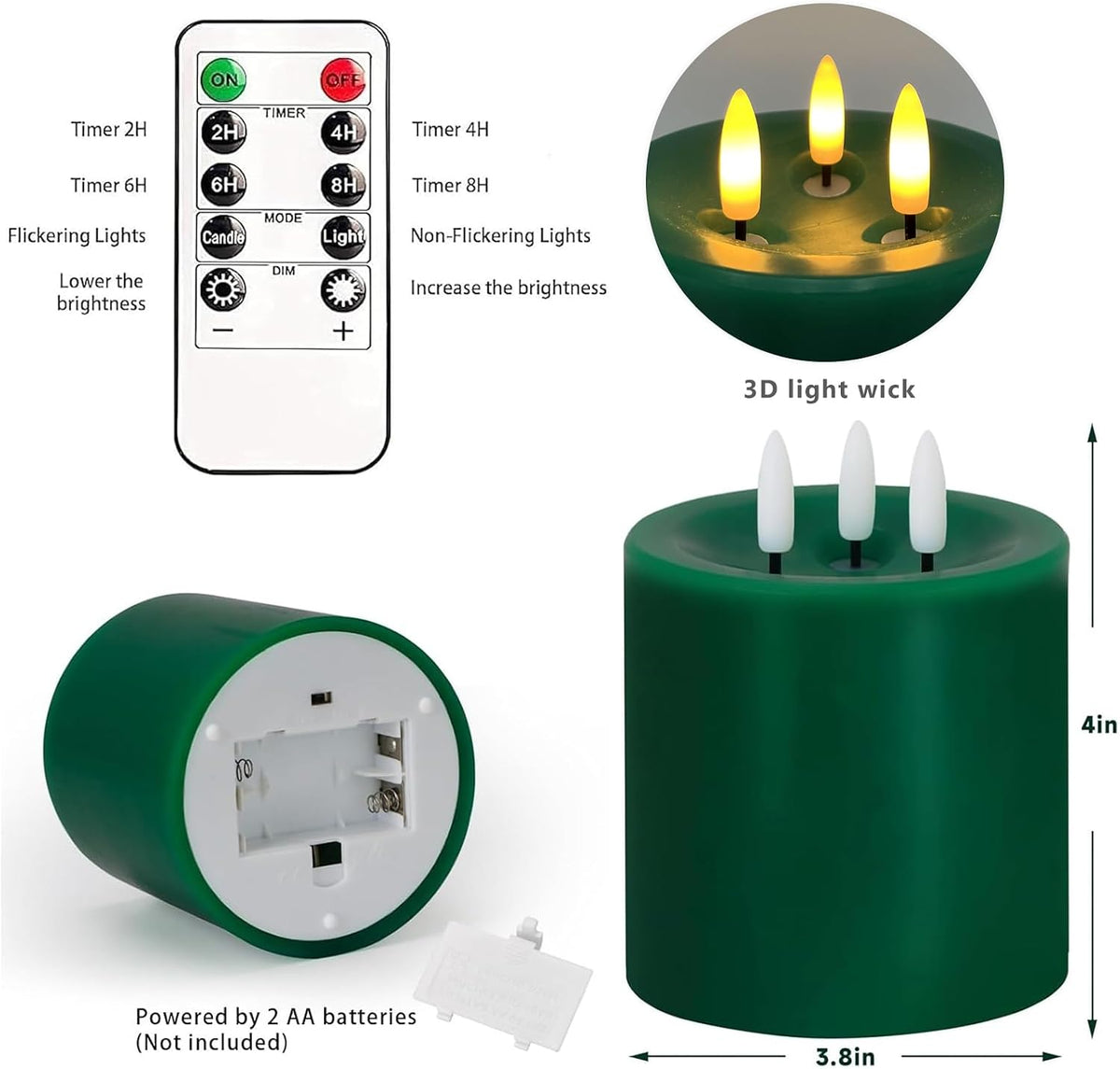 Large 3 Wick Flameless Candles Set of 2, 4"x4" Flickering LED Candles with Remote & Timer, Dimmable Real Wax Pillar