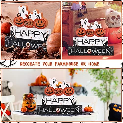 Vicenpal 3 Pieces Halloween Wooden Sign Pumpkin Ghost Table Centerpiece