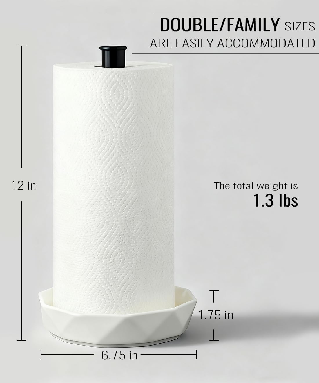 Paper Towel Holder, Ceramic Base Water Resistant, Fits Large Rolls, Black | Easy to Clean and Built to Last,Standing